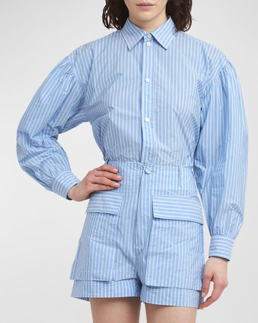 Plan C Blue Striped Blouse-Sleeve Button-Front Shirt