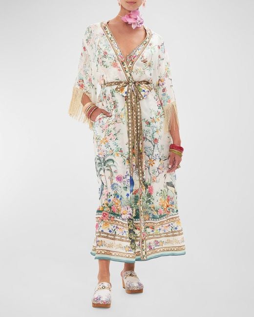Camilla White Plumes And Parterres Kimono Wrap Layer With Macrame Fringe