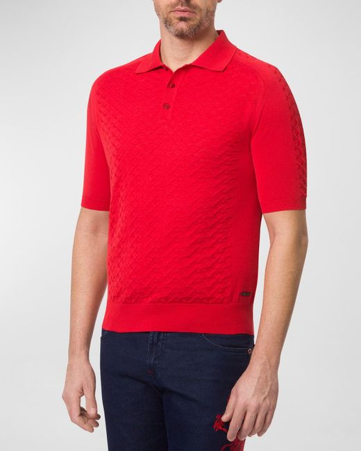 Stefano Ricci Red Patterned Short-sleeve Polo Sweater for men