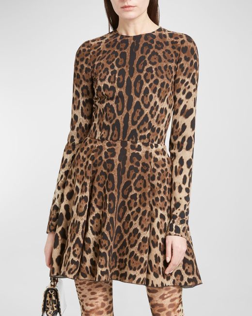 Dolce & Gabbana Brown Leopard-Print Long-Sleeve Mini Dress