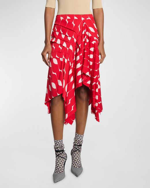 Dries Van Noten Red Shy Pleated Draped Handkerchief Midi Skirt