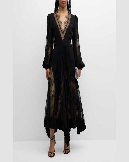 Zuhair Murad Black Plunging Long-Sleeve Plisse Crepe Chiffon Lace Asymmetrical Midi Dress