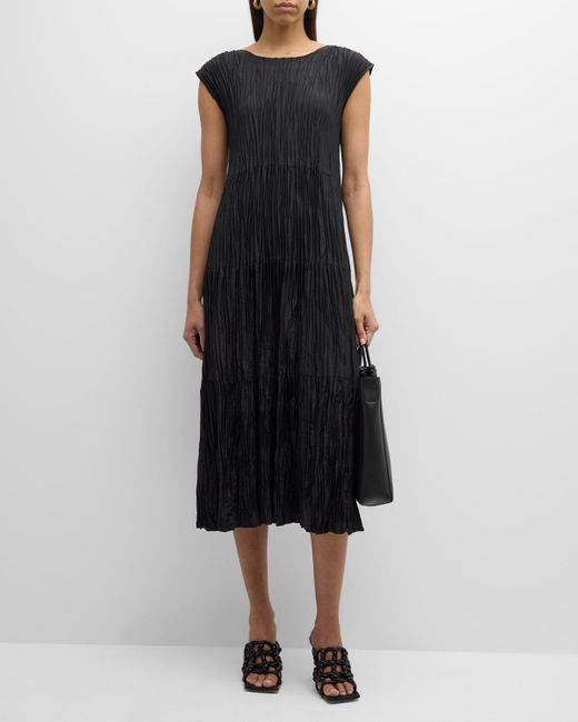 Eileen Fisher Black Tiered A-Line Crinkled Silk Midi Dress