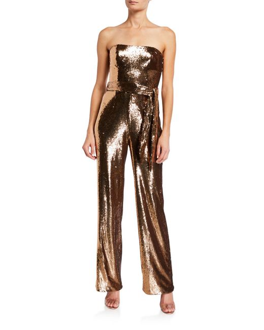Dress the Population Metallic Andy Strapless Belted Sequin Jumpsuit