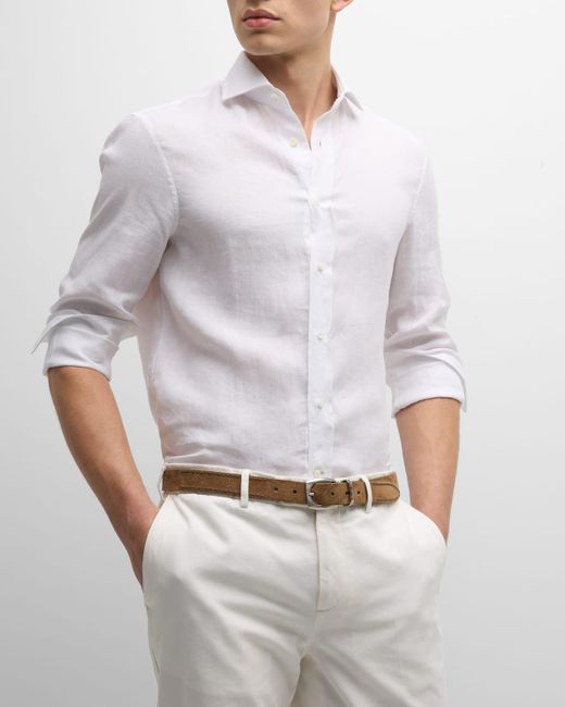 Brunello Cucinelli White Canapa Linen Sport Shirt for men