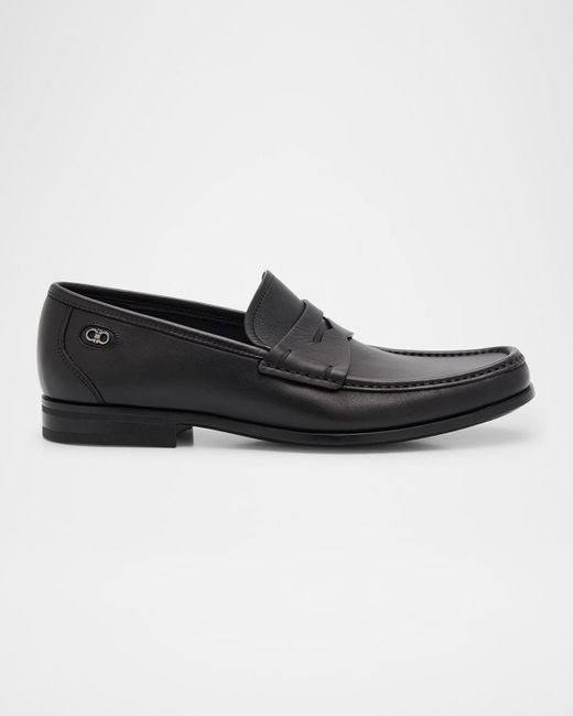 Ferragamo Black Athen Leather Moc-Toe Penny Loafers for men