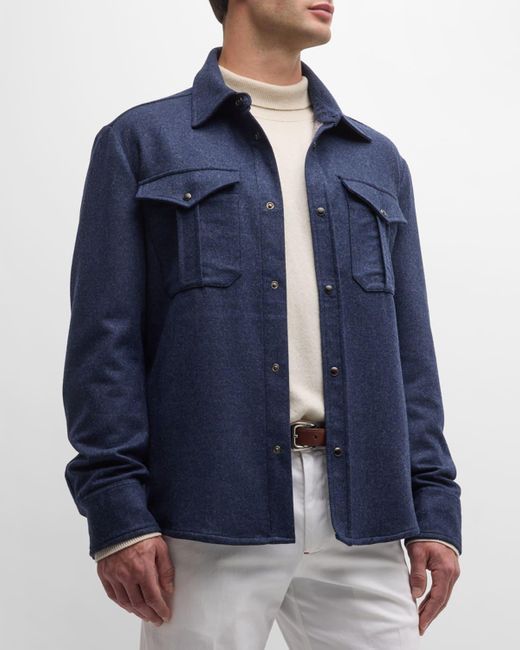 FIORONI CASHMERE Blue Wool-Cashmere Snap Shirt Jacket for men