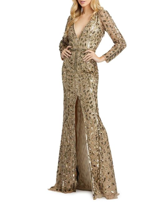 Mac Duggal Beaded V-neck Long-sleeve Gown With Slit in Natural | Lyst