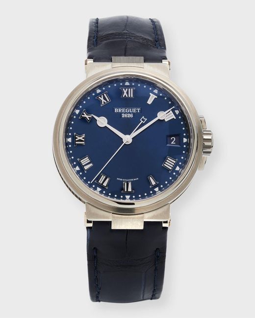 Breguet Titanium Marine Blue Dial Watch With Leather Strap for men