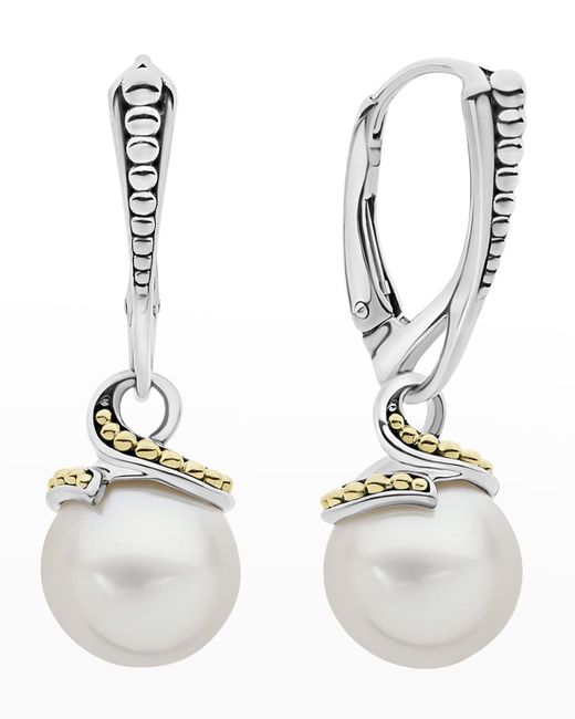 Lagos White Luna Pearl Drop 2-tone Earrings