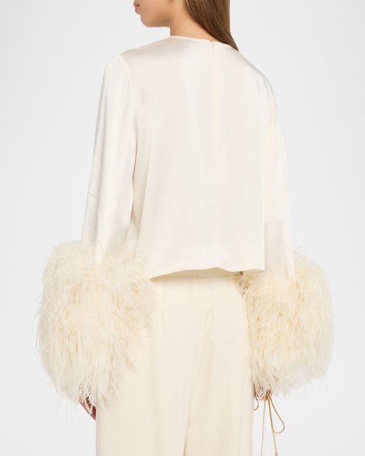 LAPOINTE Black Feather-Trim Long-Sleeve Crop Satin Top