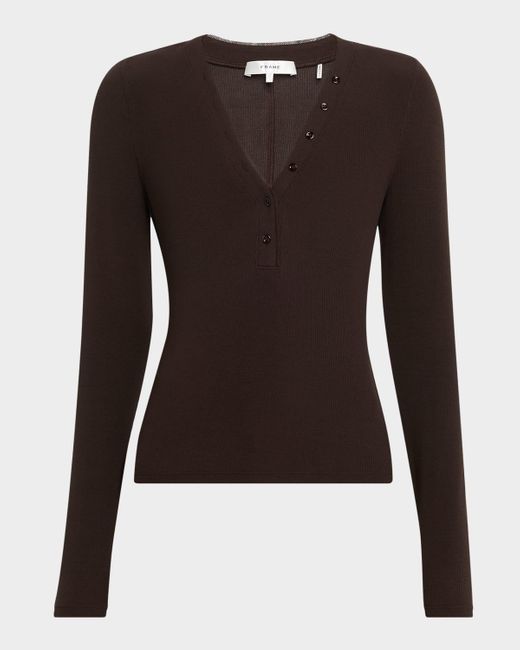 FRAME Black The Mesh Trim Ribbed Henley Top