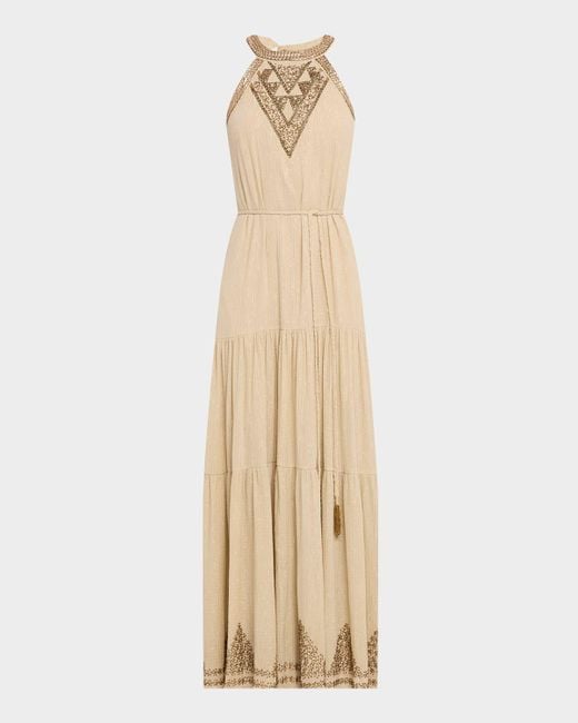 Kobi Halperin Natural Paige Beaded Tiered Halter Maxi Dress