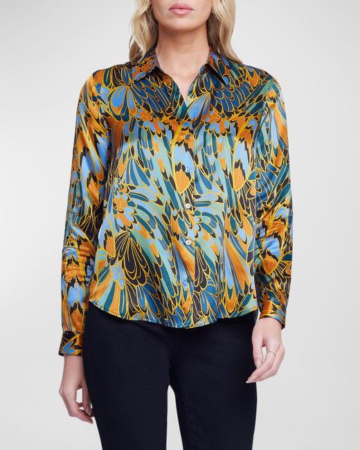L'Agence Blue Tyler Parrot Feather Printed Silk Blouse