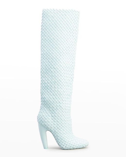 Bottega Veneta White Intrecciato Woven Lambskin Knee Boots