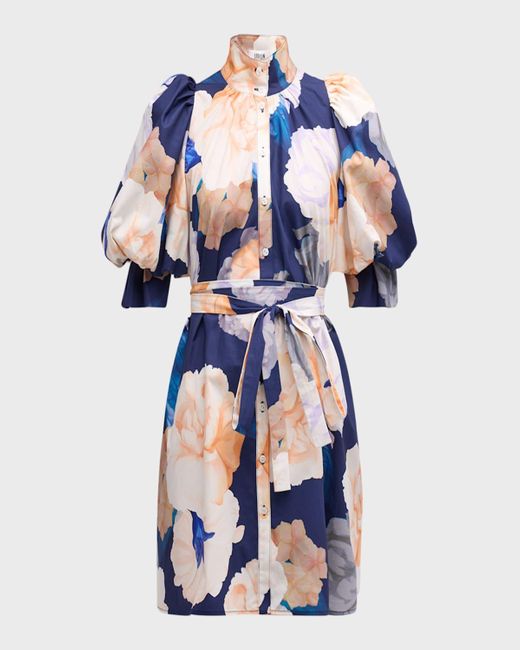 LEO LIN Blue Eli Belted Puff-sleeve Floral-print Mini Dress