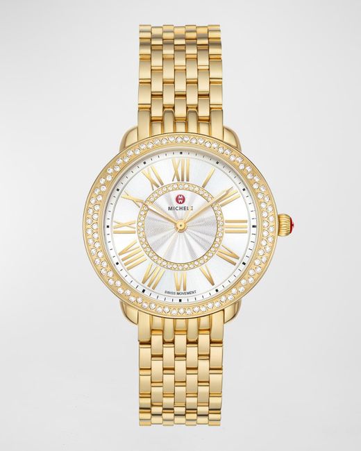 Michele Metallic Serein Mid Diamond Gold-plated Watch With White Sunray Dial