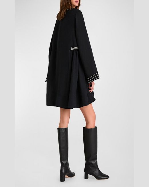 Merlette Black Riverside Flare-Sleeve Trapeze Linen Mini Dress