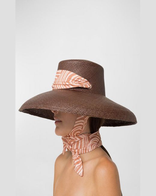 Sensi Studio Red Lampshade Cordovan Straw Large Brim Hat With A Printed Band