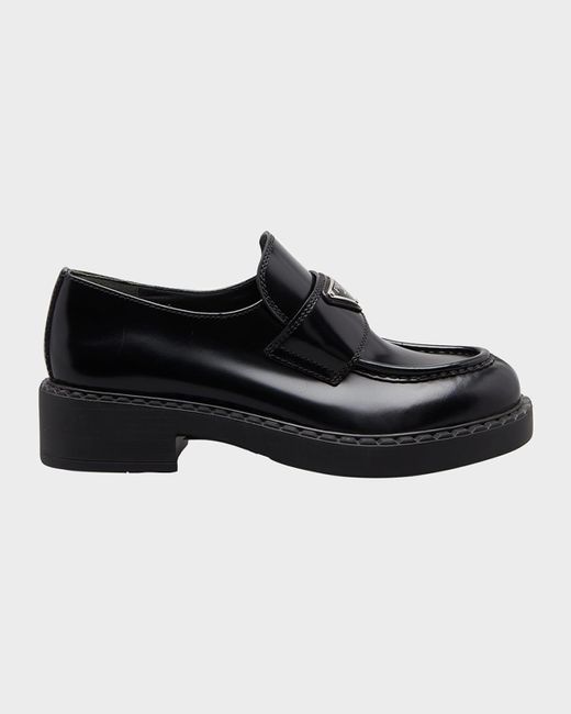 Prada Black Leather Triangle Logo Loafers