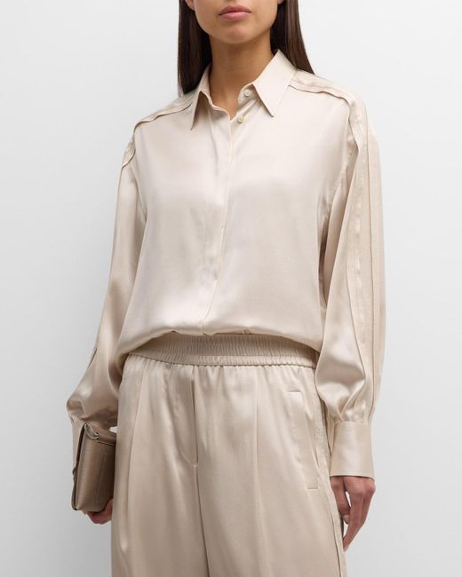 Brunello Cucinelli Natural Satin Tunic Button-Front Shirt With Sequin Detail