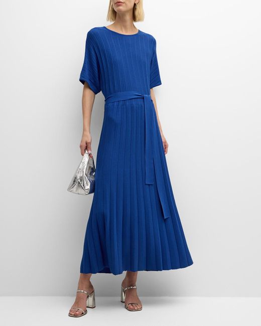 Misook Blue A-line Tie-waist Soft Ribbed Knit Dress