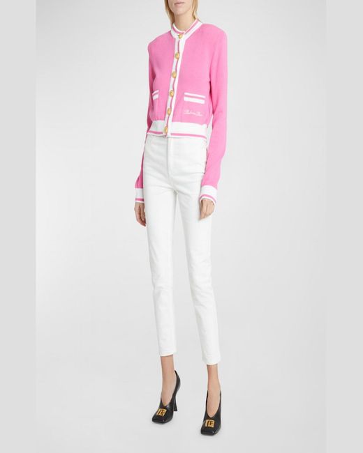 Balmain Pink Strong-Shoulder Signature Buttoned Knit Cardigan