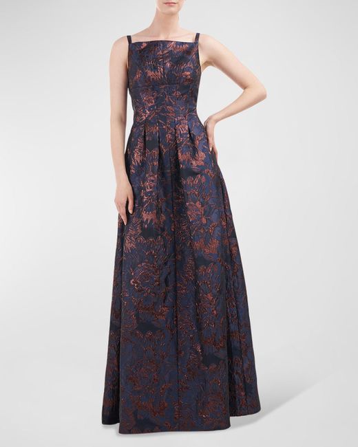 Kay Unger Blue Pleated Metallic Floral Jacquard Gown