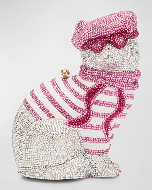 Judith Leiber Pink Cat With Beret Crystal Clutch Bag