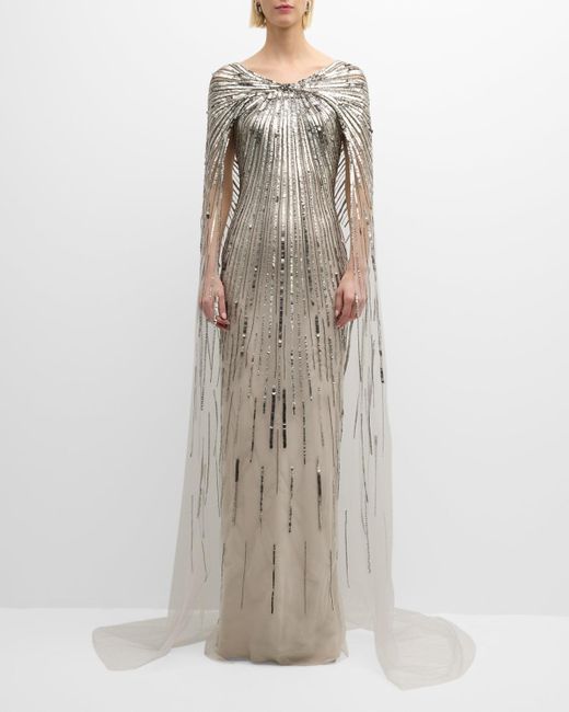 Pamella Roland Metallic Sequined Gown With Sheer Cape