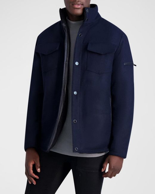 Karl Lagerfeld Blue Sherpa-Lined Wool Shirt Jacket for men