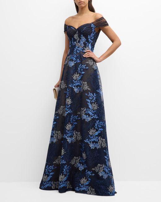 Teri Jon Blue Off-Shoulder Floral-Embroidered Tulle Gown
