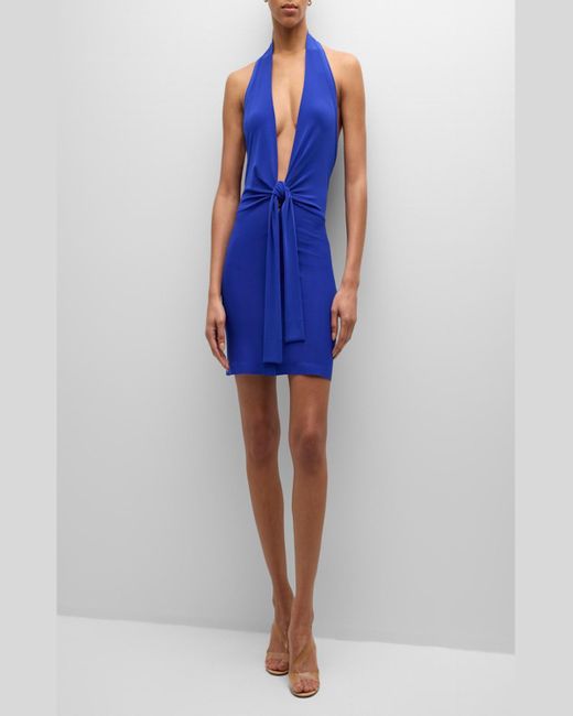 Norma Kamali Blue Tie-Front Halter Mini Dress