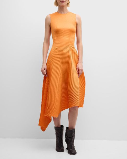 Loewe Orange Pleated Sleeveless Asymmetric Midi Dress