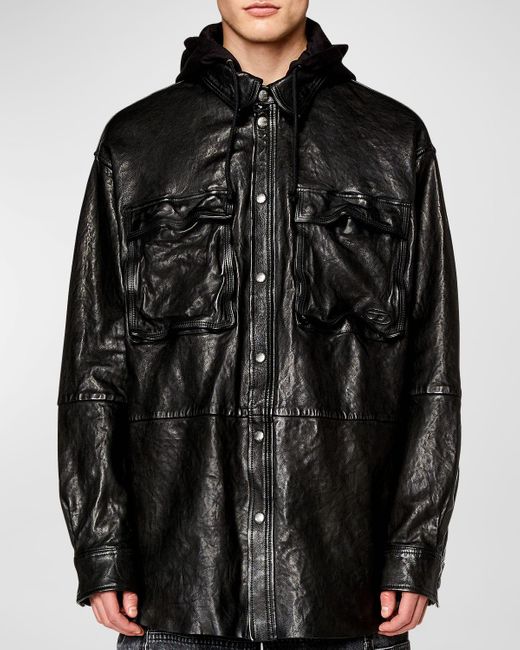 DIESEL Black L-sphinx Hooded Jacket In Bubble Leather for men
