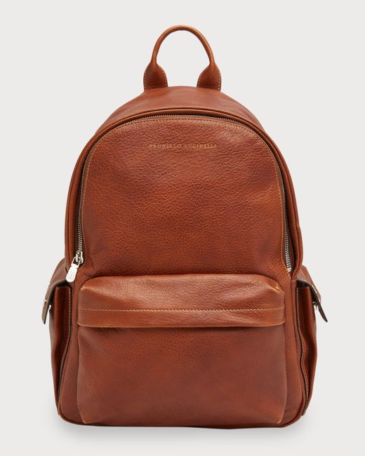 Brunello Cucinelli Brown Grained Leather Backpack for men