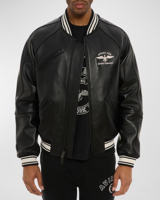 Avirex Black Stadium Embroidered Leather Varsity Jacket for men