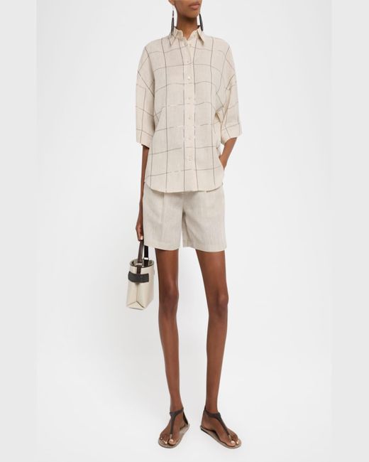 Brunello Cucinelli Natural Paillette Check Light Linen Button-Down Shirt