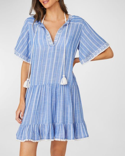 Shoshanna Blue Short-Sleeve Tunic Mini Dress
