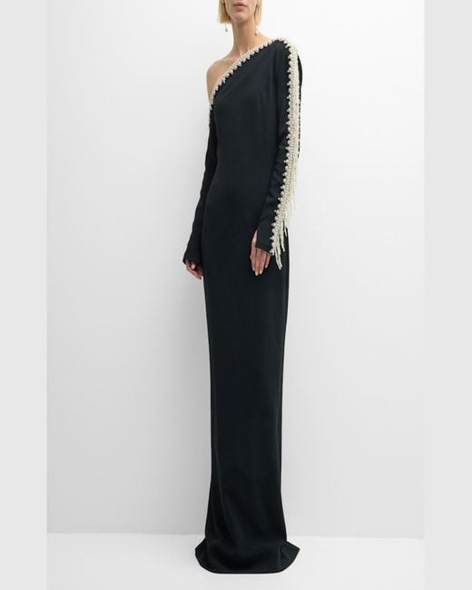 Pamella Roland Black Pearlescent Beaded Fringe One-Shoulder Long-Sleeve Crepe Gown