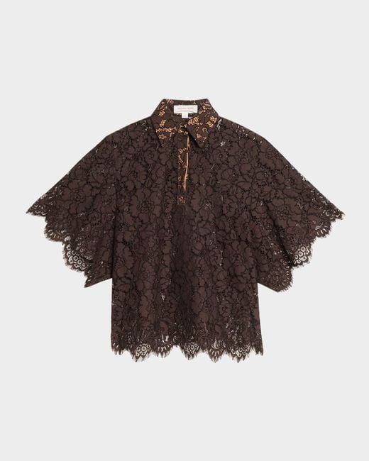 Michael Kors Brown Large Floral Lace Collared Shirt