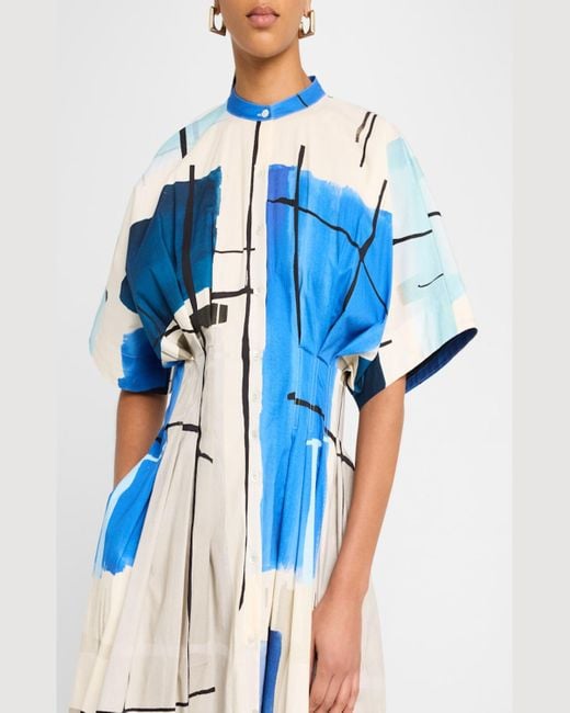 Natori Blue Sorairo Brushstroke-Print Poplin Midi Dress