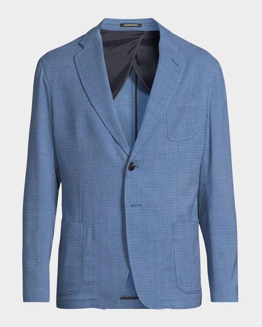 Emporio Armani Blue Wool And Cotton Micro-Box Textured Sport Coat for men