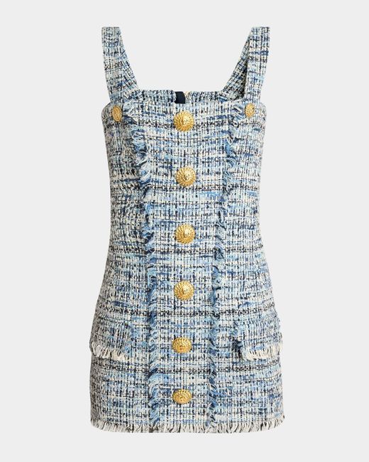 Balmain Blue Sleeveless Button-Front Tweed Mini Dress