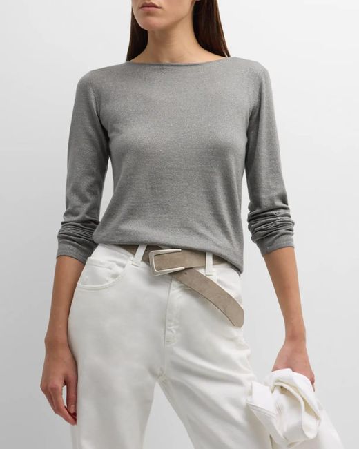 Brunello Cucinelli Gray Metallic Cashmere-silk Boat-neck Sweater