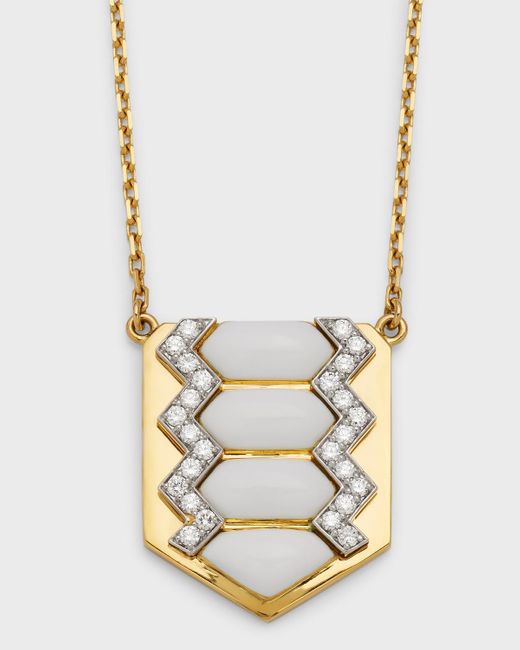 David Webb Metallic Motif Diamond & White Enamel Shield Necklace