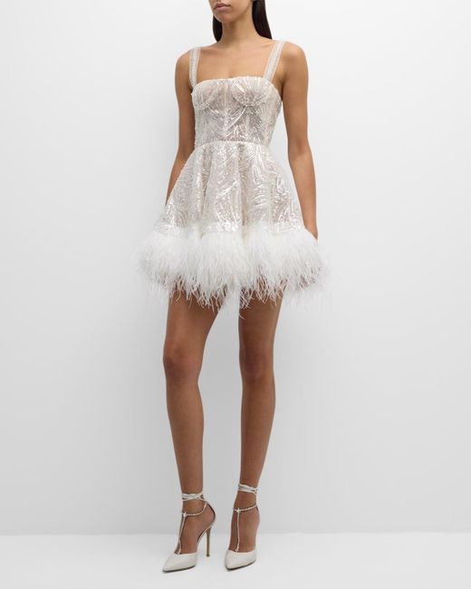 Bronx and Banco White Mademoiselle Beaded Feather-Trim Mini Dress