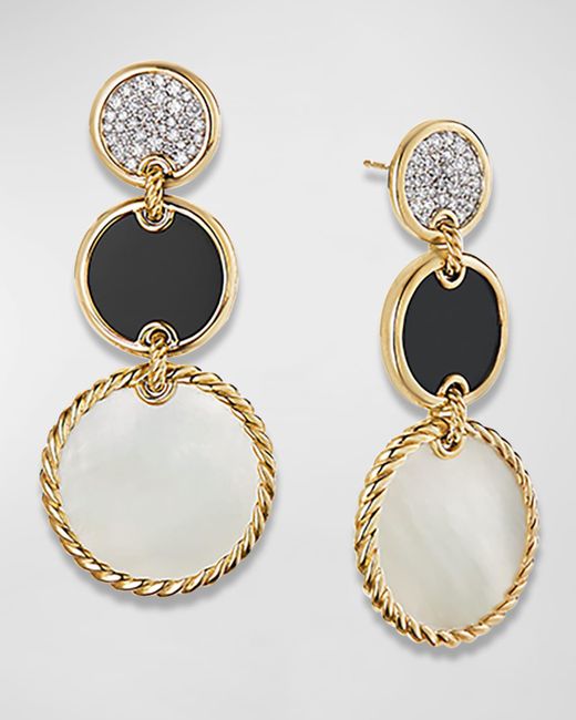 David Yurman Metallic Dy Elements Triple Drop Earrings In 18k Yellow Gold With Mother-of-pearl, Black Onyx & Pave Diamonds