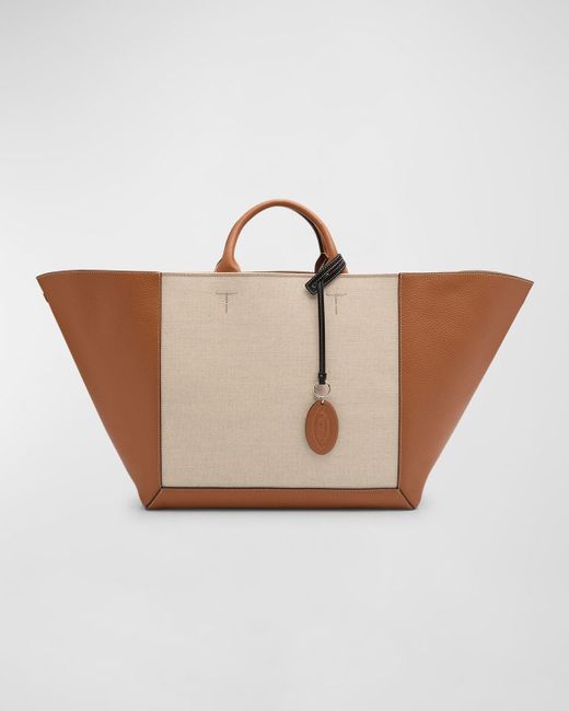 Tod's Natural Large Double Up Leather And Canvas Shopping Bag