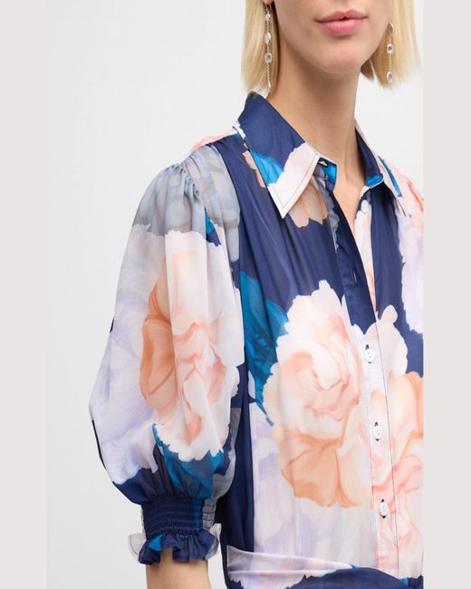 LEO LIN Blue Ellie Tiered Floral-print Midi Shirtdress